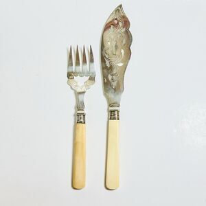 Antique Fish Serving Set Knife Fork Silverplate Celluloid Bone Handles English